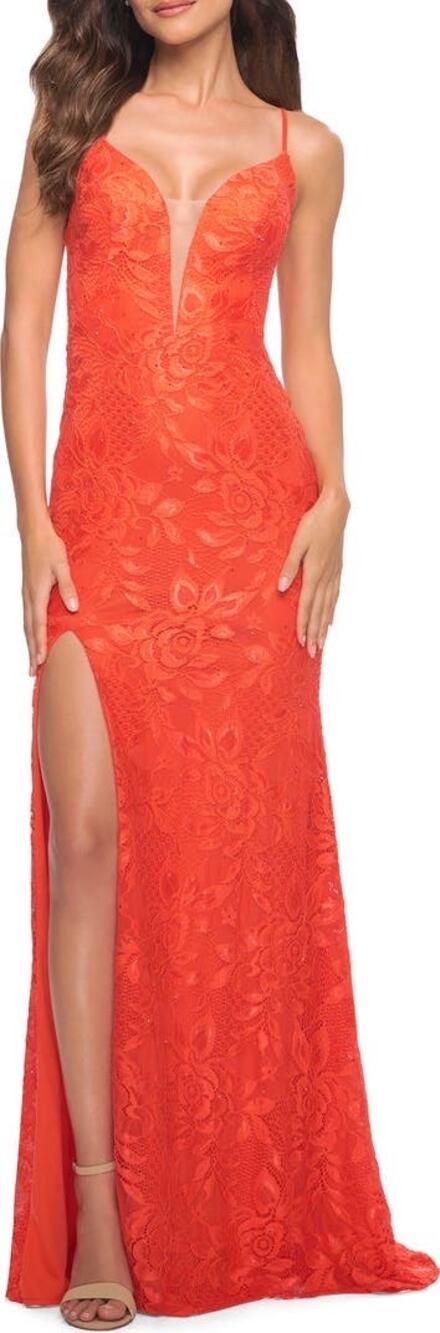 La Femme Papaya Orange Lace Prom Formal Gown Size 00